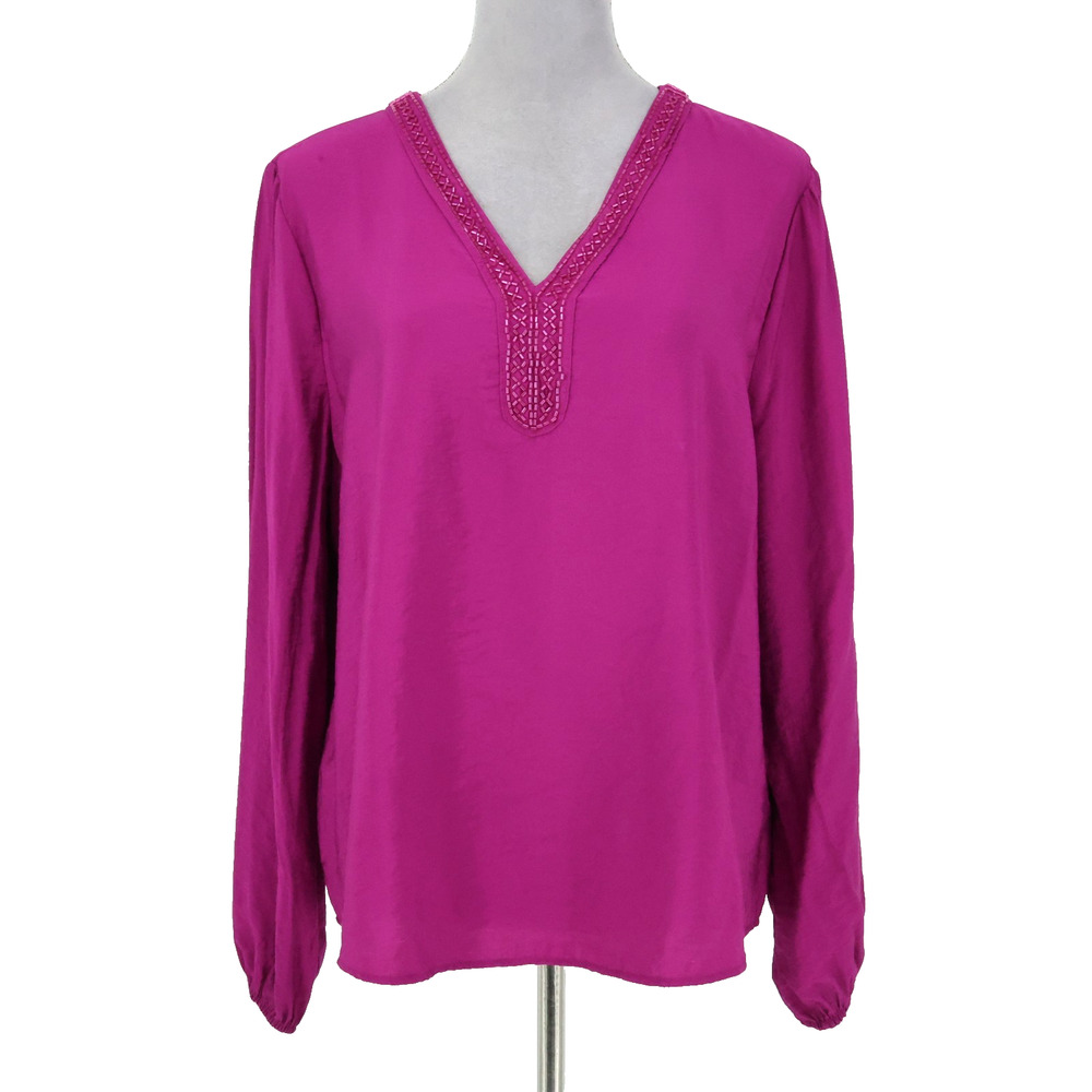 Chicos Top 2 Womens Large 12 Dark Pink Rayon Beaded Trim Blouse V Neck Pullover